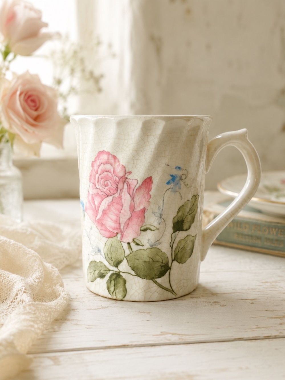 Otagiri Japan Pink Rose Crackle Glaze Ceramic Mug Vintage Cottage OS